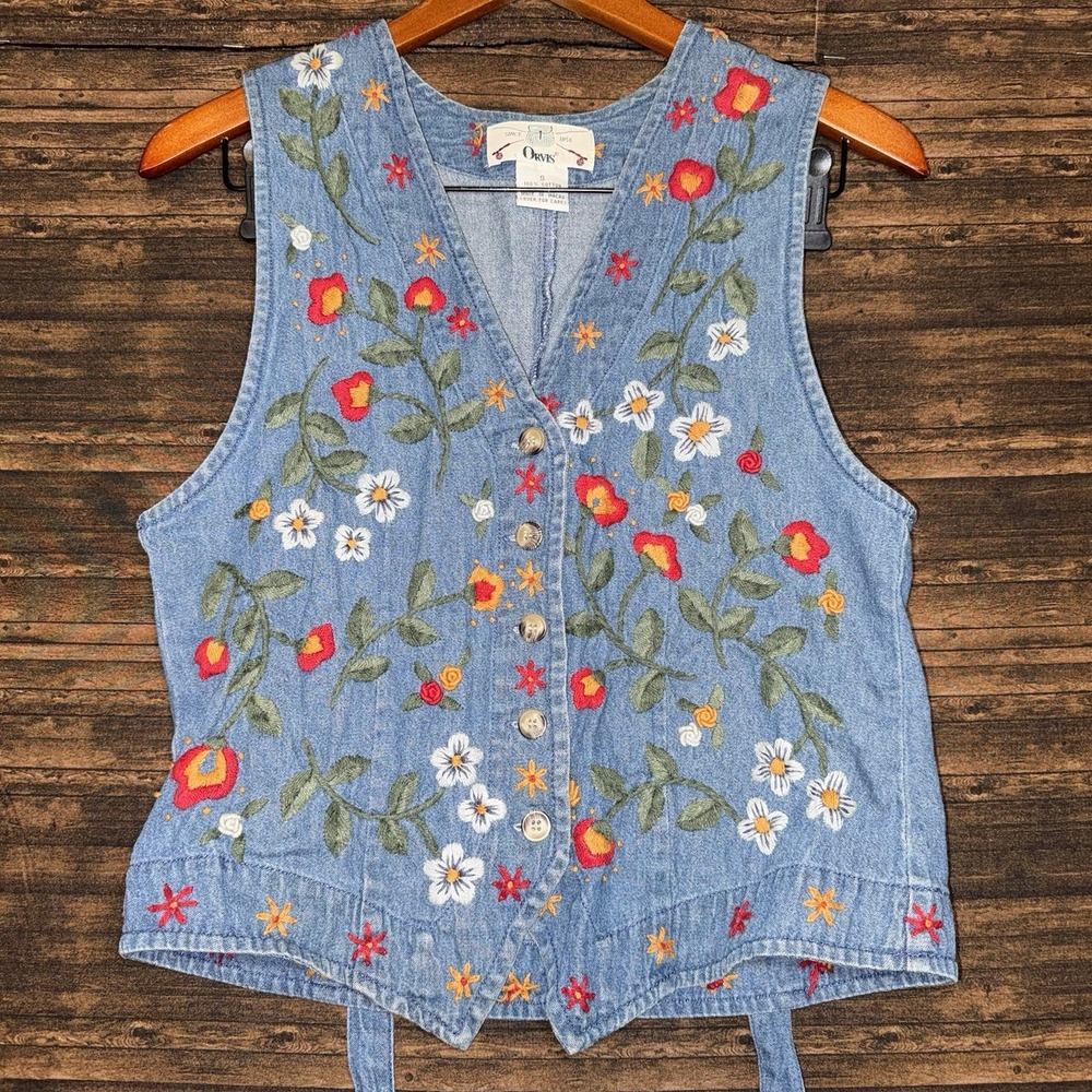 Vintage 90s Orvis Denim Vest Women's Floral Embroidery Button Sz Small Jean Boho
